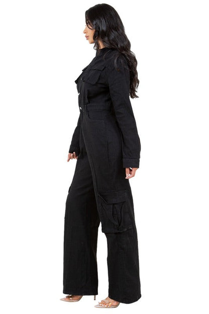 WOMEN DENIM SEXY JUMPSUIT BLACK by By Claude | Fleurcouture