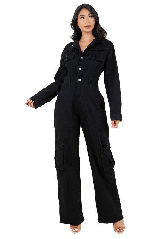 WOMEN DENIM SEXY JUMPSUIT BLACK by By Claude | Fleurcouture