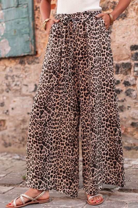 Women Desert Palm Boho Leopard Wide Leg Pants Khaki S by YNIQUE | Fleurcouture