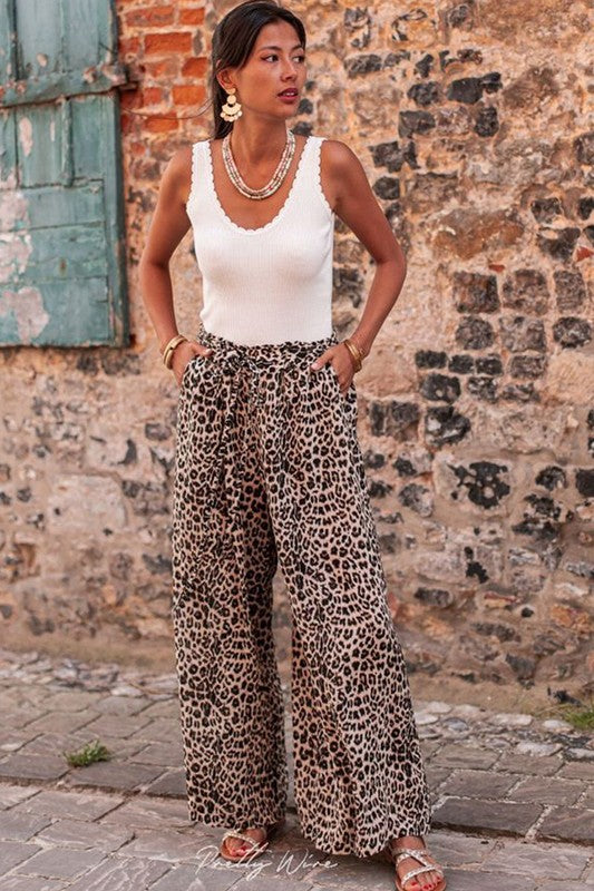 Women Desert Palm Boho Leopard Wide Leg Pants Khaki by YNIQUE | Fleurcouture