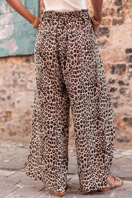 Women Desert Palm Boho Leopard Wide Leg Pants Khaki by YNIQUE | Fleurcouture