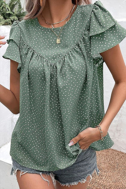 Women-Dotted Ruffle Sleeve Crew Neck Ruched Blouse Green S by YNIQUE | Fleurcouture