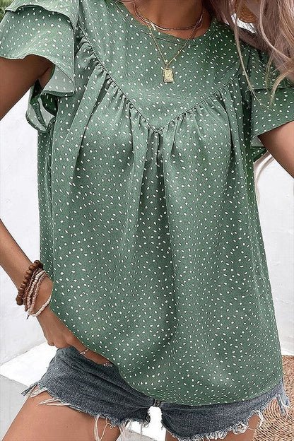 Women-Dotted Ruffle Sleeve Crew Neck Ruched Blouse Green by YNIQUE | Fleurcouture