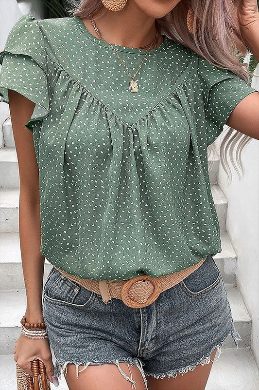 Women-Dotted Ruffle Sleeve Crew Neck Ruched Blouse Green by YNIQUE | Fleurcouture