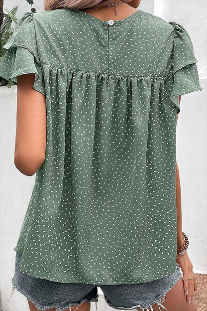 Women-Dotted Ruffle Sleeve Crew Neck Ruched Blouse Green by YNIQUE | Fleurcouture