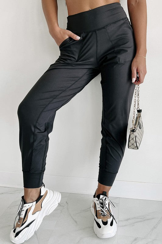 Women Exposed Seam High Waist Pocketed Joggers Black S by YNIQUE | Fleurcouture