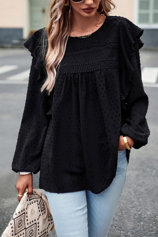 Women Eyelet Ruffle Shoulder Long Sleeve Blouse Black by YNIQUE | Fleurcouture