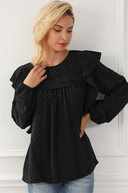 Women Eyelet Ruffle Shoulder Long Sleeve Blouse Black by YNIQUE | Fleurcouture