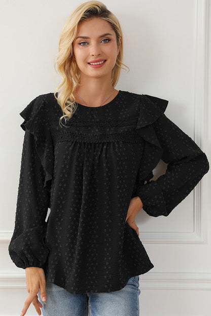 Women Eyelet Ruffle Shoulder Long Sleeve Blouse Black by YNIQUE | Fleurcouture