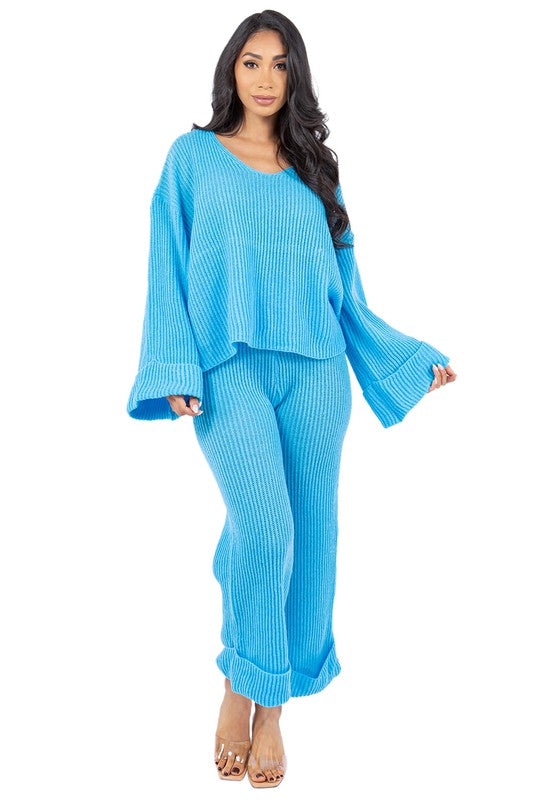 WOMEN FASHION 2PCS SWEATER PANTS SET BLUE S by By Claude | Fleurcouture