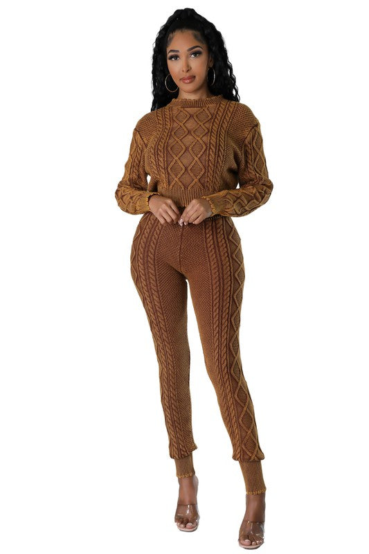 WOMEN FASHION 2PCS SWEATER PANTS SET BROWN S by By Claude | Fleurcouture