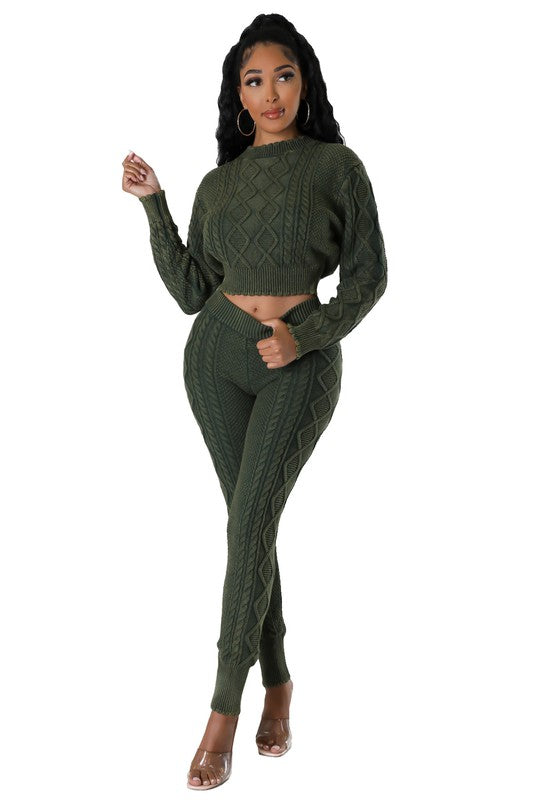 WOMEN FASHION 2PCS SWEATER PANTS SET OLIVE S by By Claude | Fleurcouture