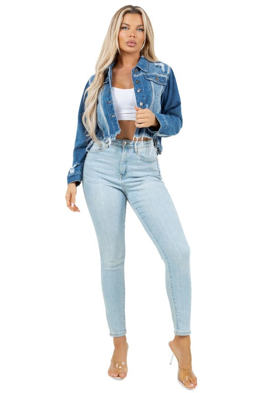 WOMEN FASHION CROP DENIM TRUCKER JACKET BLUE by By Claude | Fleurcouture