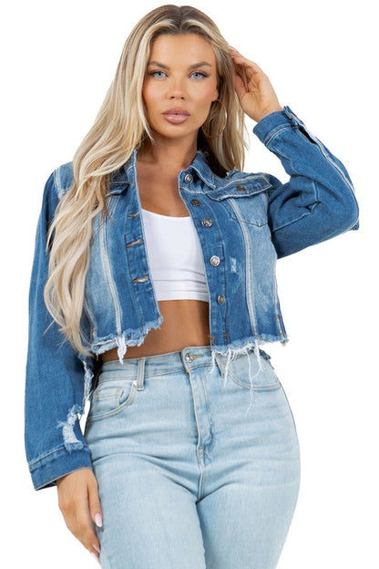 WOMEN FASHION CROP DENIM TRUCKER JACKET BLUE by By Claude | Fleurcouture