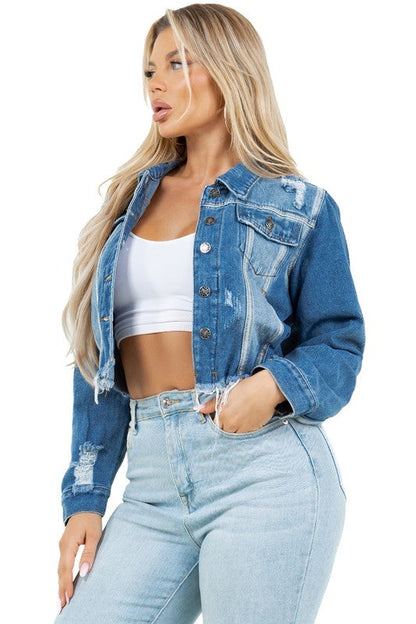 WOMEN FASHION CROP DENIM TRUCKER JACKET BLUE by By Claude | Fleurcouture