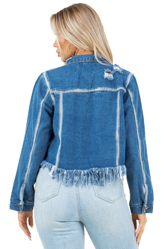 WOMEN FASHION CROP DENIM TRUCKER JACKET BLUE by By Claude | Fleurcouture