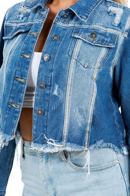 WOMEN FASHION CROP DENIM TRUCKER JACKET BLUE by By Claude | Fleurcouture