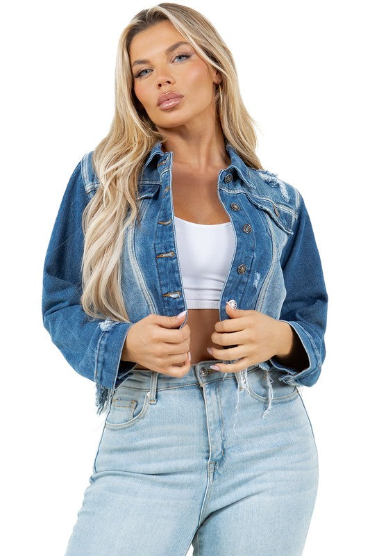 WOMEN FASHION CROP DENIM TRUCKER JACKET BLUE S by By Claude | Fleurcouture