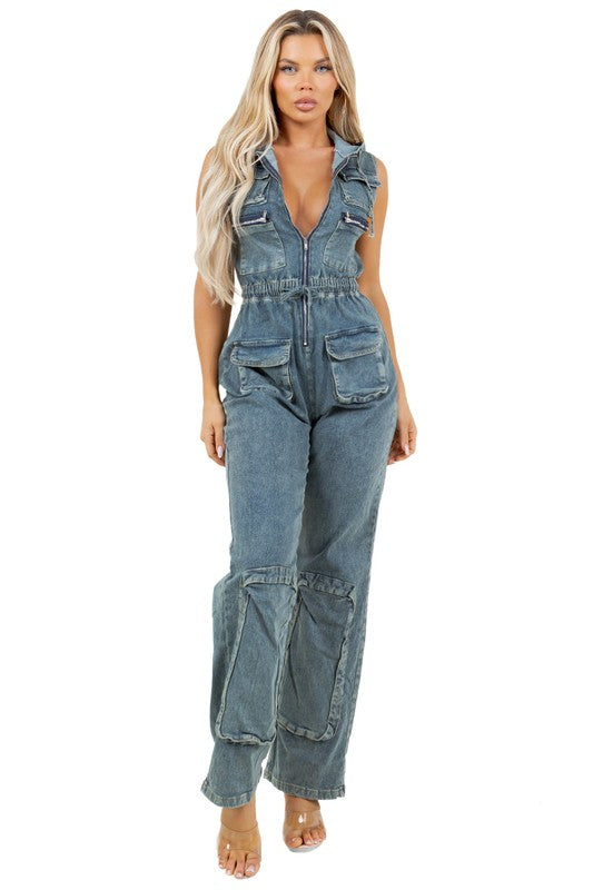 WOMEN FASHION DENIM CARGO STYLE JUMPSUIT BLUE by By Claude | Fleurcouture