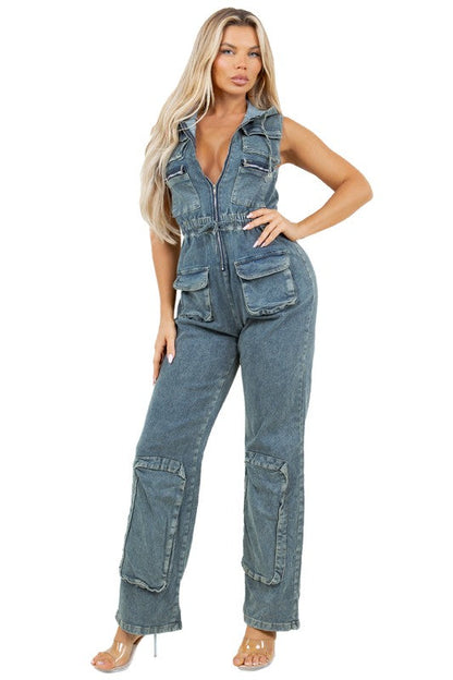 WOMEN FASHION DENIM CARGO STYLE JUMPSUIT BLUE by By Claude | Fleurcouture