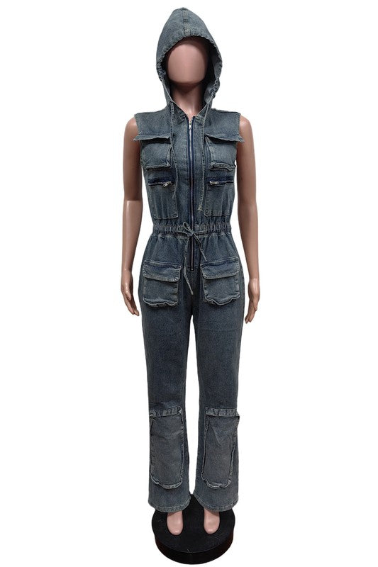 WOMEN FASHION DENIM CARGO STYLE JUMPSUIT BLUE by By Claude | Fleurcouture