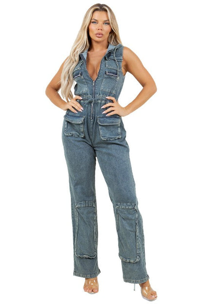 WOMEN FASHION DENIM CARGO STYLE JUMPSUIT BLUE S by By Claude | Fleurcouture