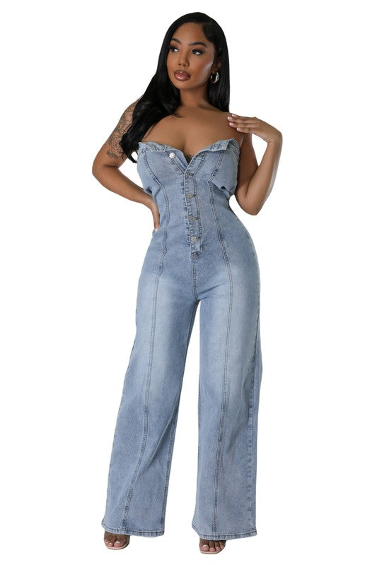 WOMEN FASHION DENIM JUMPSUIT BLUE L by By Claude | Fleurcouture