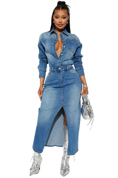 WOMEN FASHION DENIM LONG MAXI DRESS BLUE by By Claude | Fleurcouture