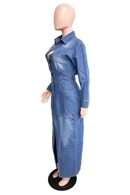 WOMEN FASHION DENIM LONG MAXI DRESS BLUE by By Claude | Fleurcouture