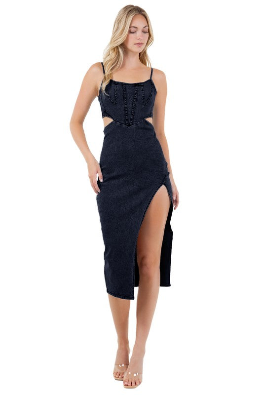 WOMEN FASHION DENIM MAXI DRESS BLACK by By Claude | Fleurcouture