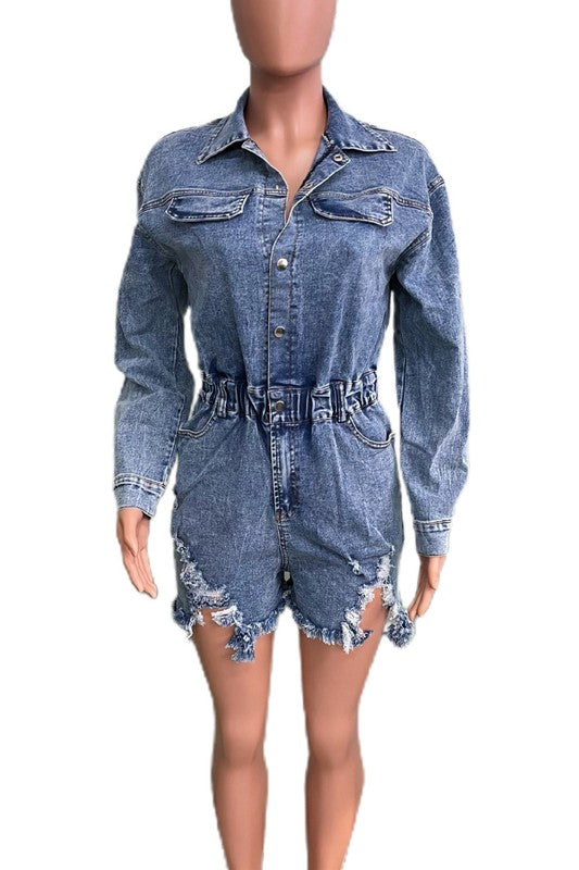 WOMEN FASHION DENIM ROMPERS BLUE by By Claude | Fleurcouture