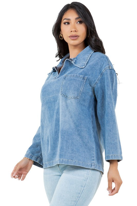 WOMEN FASHION DENIM TOP BLUE by By Claude | Fleurcouture