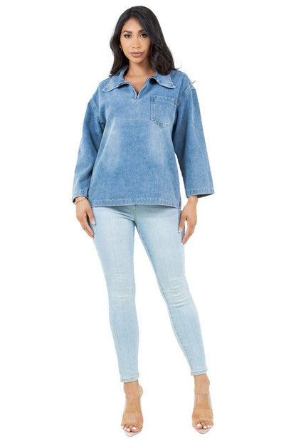 WOMEN FASHION DENIM TOP BLUE S by By Claude | Fleurcouture