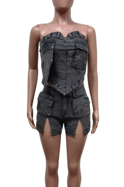 WOMEN FASHION DENIM TWO PIECE SET BLACK by By Claude | Fleurcouture