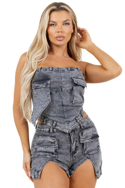 WOMEN FASHION DENIM TWO PIECE SET BLACK S by By Claude | Fleurcouture