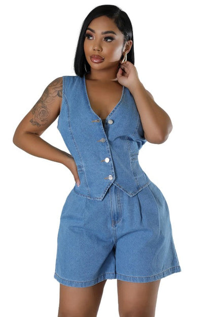 WOMEN FASHION DENIM TWO PIECE SET BLUE by By Claude | Fleurcouture