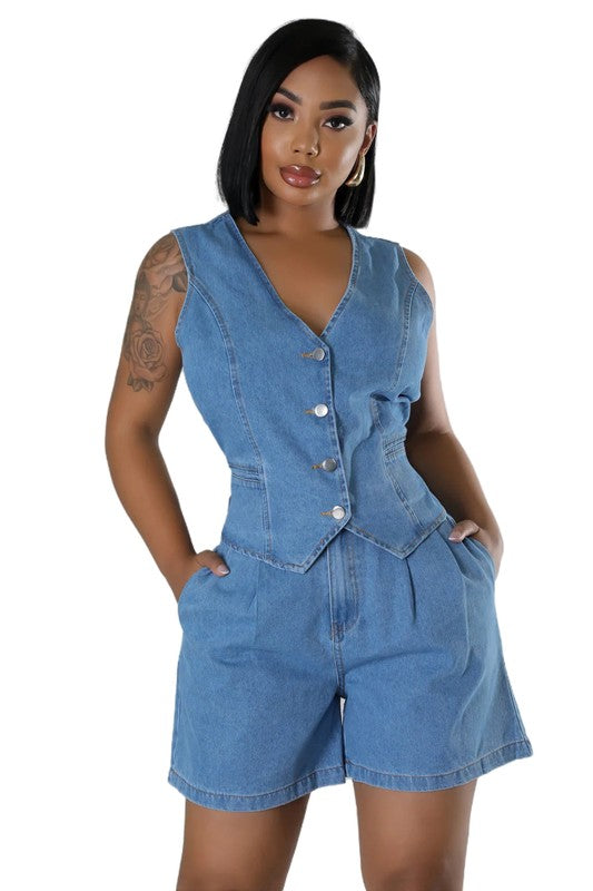 WOMEN FASHION DENIM TWO PIECE SET BLUE by By Claude | Fleurcouture