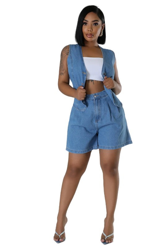 WOMEN FASHION DENIM TWO PIECE SET BLUE S by By Claude | Fleurcouture