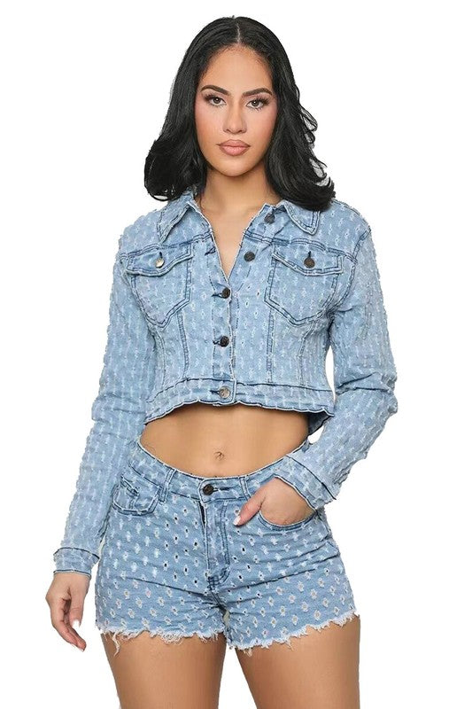 WOMEN FASHION DENIM TWO PIECE SHORT SET BLUE S by By Claude | Fleurcouture