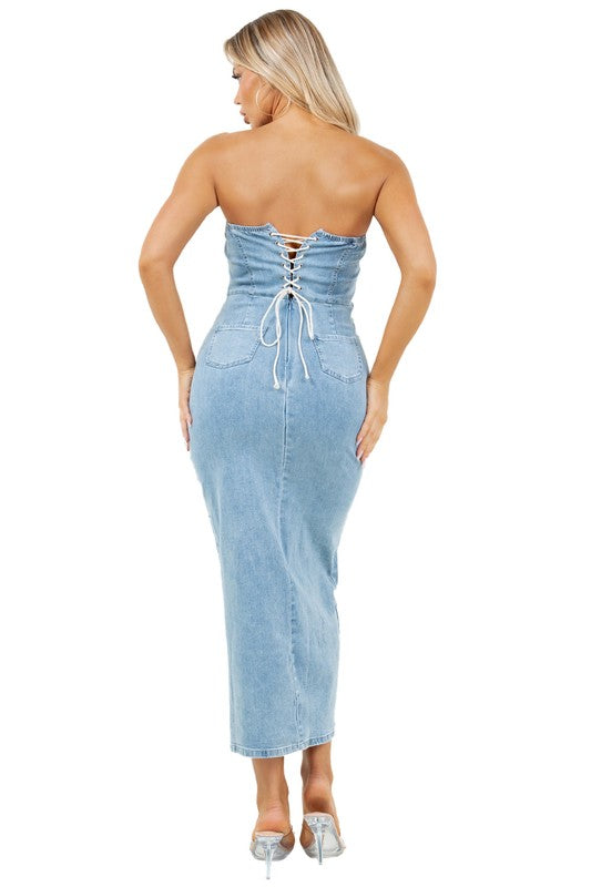 WOMEN FASHION LONG MAXI DENIM DRESS BLUE by By Claude | Fleurcouture