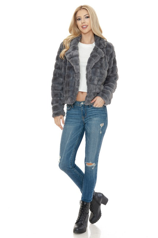 Women Faux Fur Jacket CHARCOAL by Annva USA | Fleurcouture