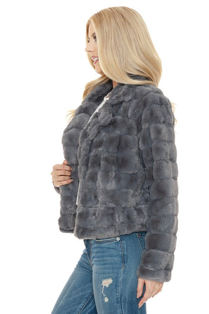 Women Faux Fur Jacket CHARCOAL by Annva USA | Fleurcouture