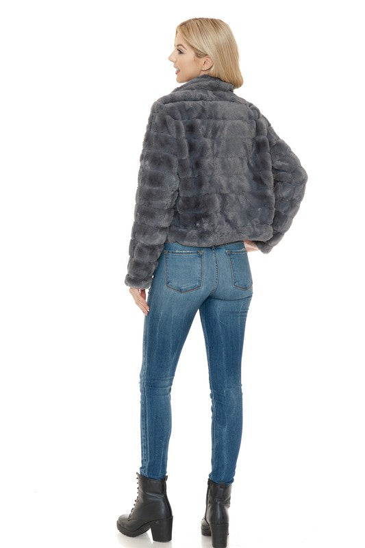 Women Faux Fur Jacket CHARCOAL by Annva USA | Fleurcouture