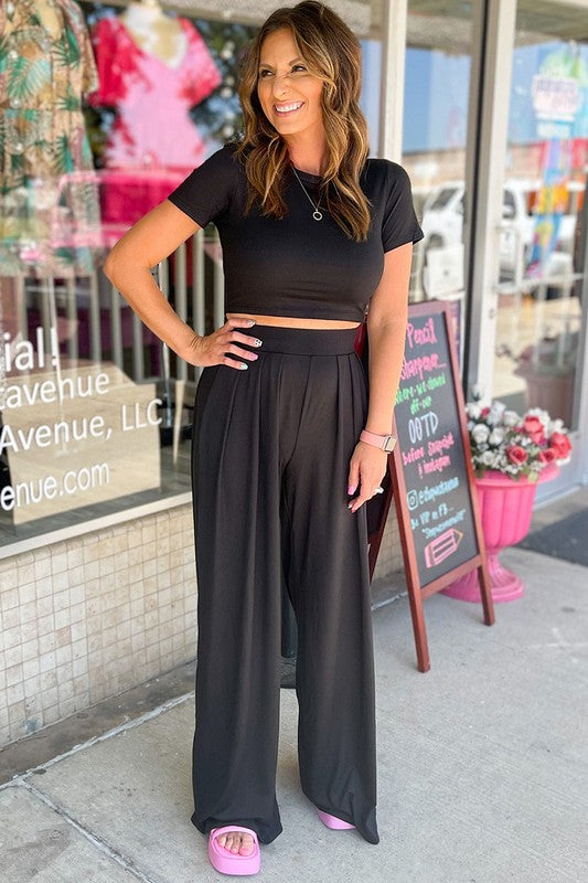 Women Fit Crop Top and Pleated Wide Leg Pants Set Black S by YNIQUE | Fleurcouture