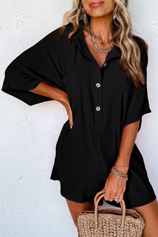 Women Half Button Collared Loose Romper Black L by YNIQUE | Fleurcouture