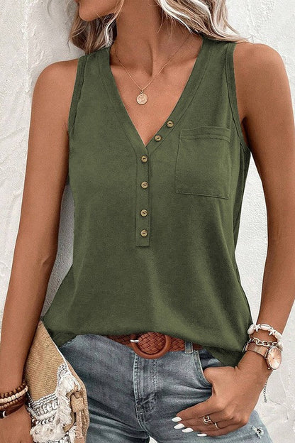 Women Half Button V Neck Patched Pocket Tank Top Green by YNIQUE | Fleurcouture