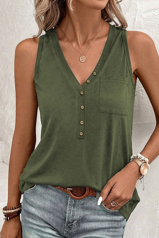 Women Half Button V Neck Patched Pocket Tank Top Green by YNIQUE | Fleurcouture