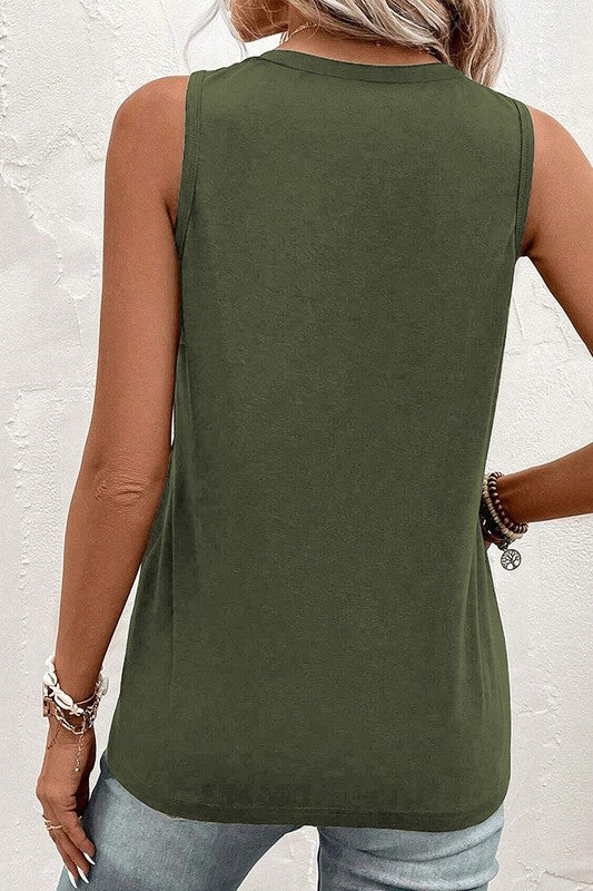 Women Half Button V Neck Patched Pocket Tank Top Green by YNIQUE | Fleurcouture