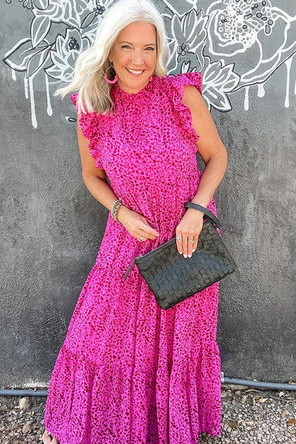 Women Leopard Print Ruffled Trim Tiered Maxi Dress Pink S by YNIQUE | Fleurcouture