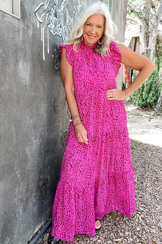 Women Leopard Print Ruffled Trim Tiered Maxi Dress Pink by YNIQUE | Fleurcouture